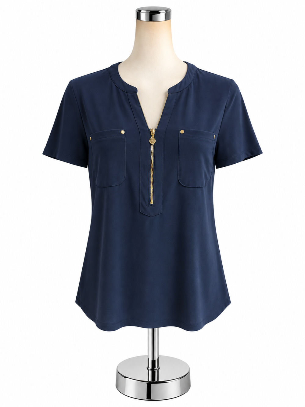 Anne Klein Navy Blue Gold Zip Short Sleeve Top Blouse Size Medium
